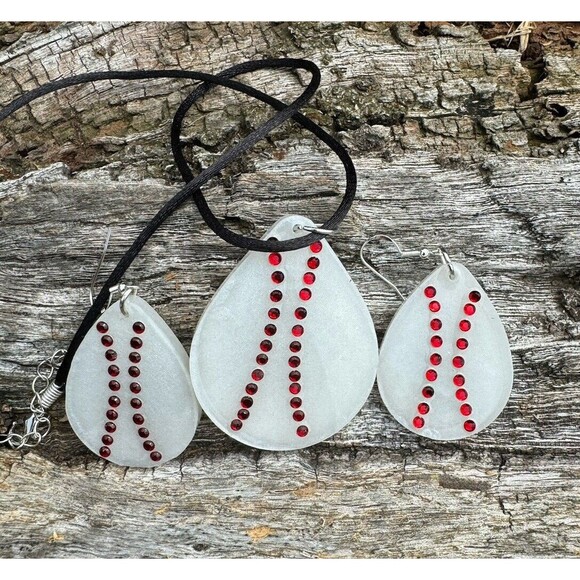 Cute Baseball Epoxy And Rhinestone Necklace  With Matching Earrings Jewelry Set - Picture 6 of 9